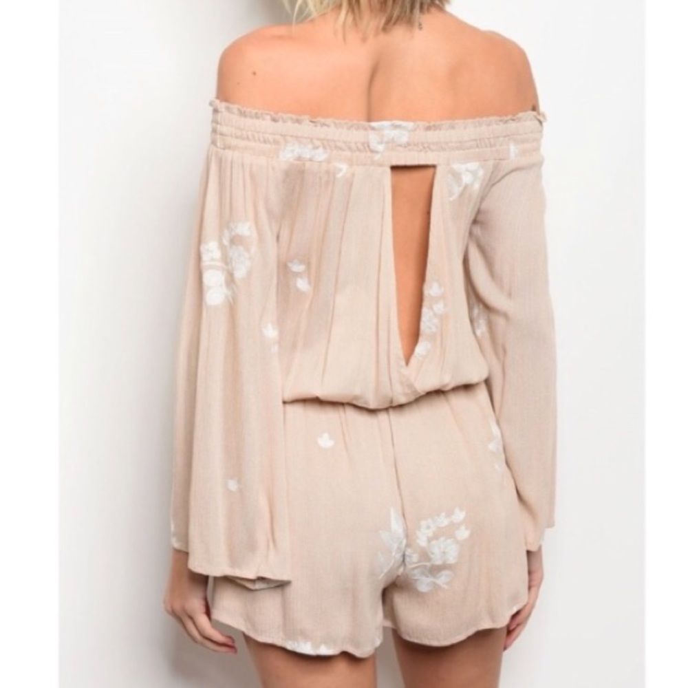 Off the Shoulder Taupe Embroidered Romper - Picture 3 of 8